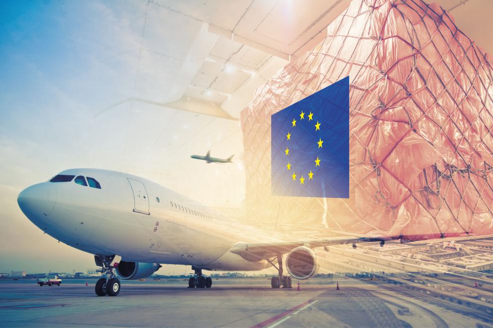 Stylised image of plane on tarmac with cargo
